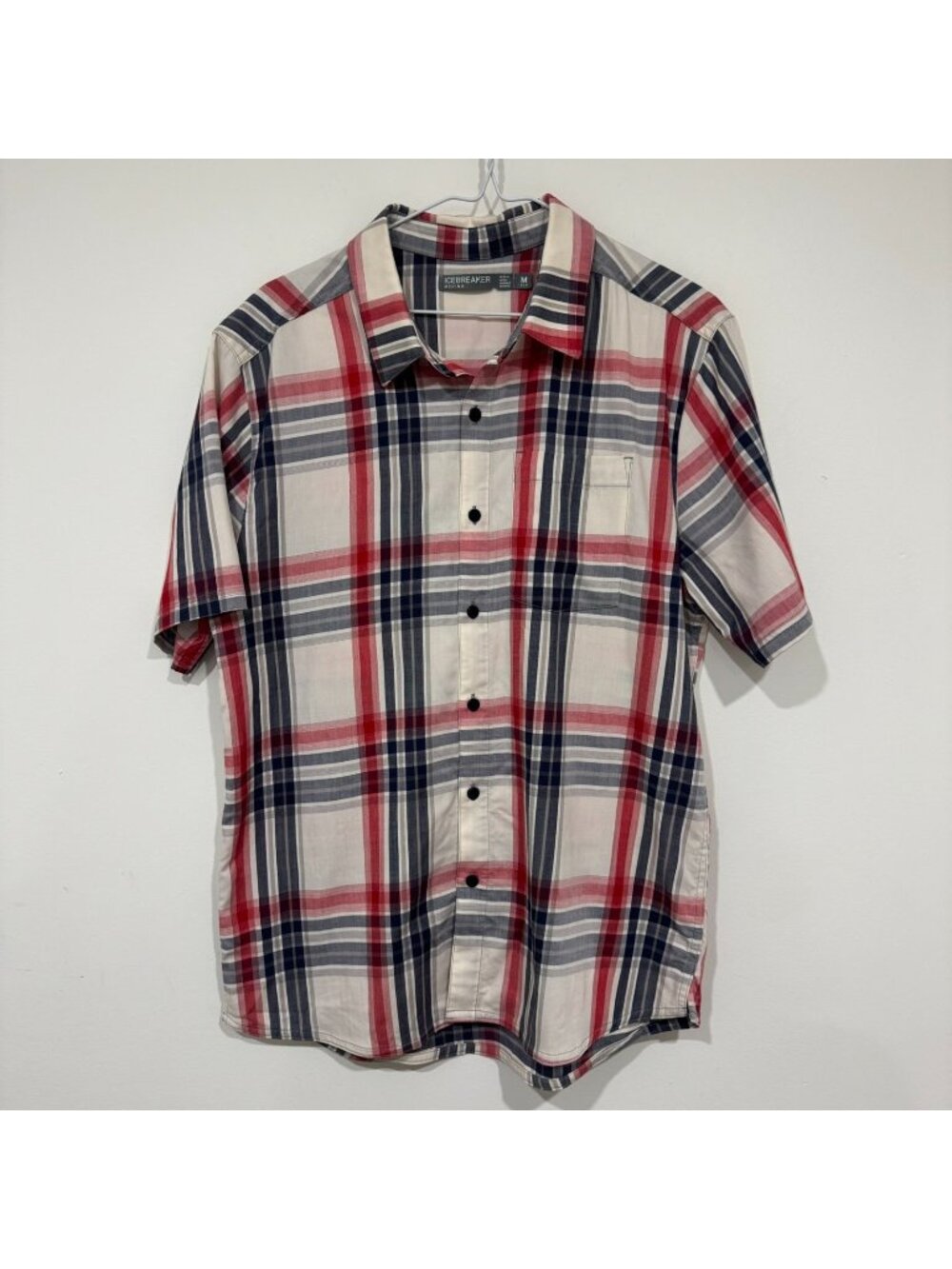Icebreaker Mens Merino Wool Short Sleeve Plaid Shirt White Red Size M Compass